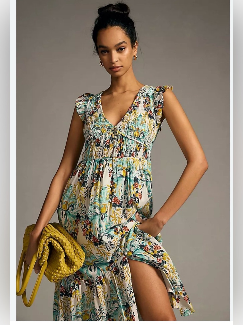 Anthropologie Peregrine Midi Dress Chartreuse Floral Smocked Ruffles Women's M